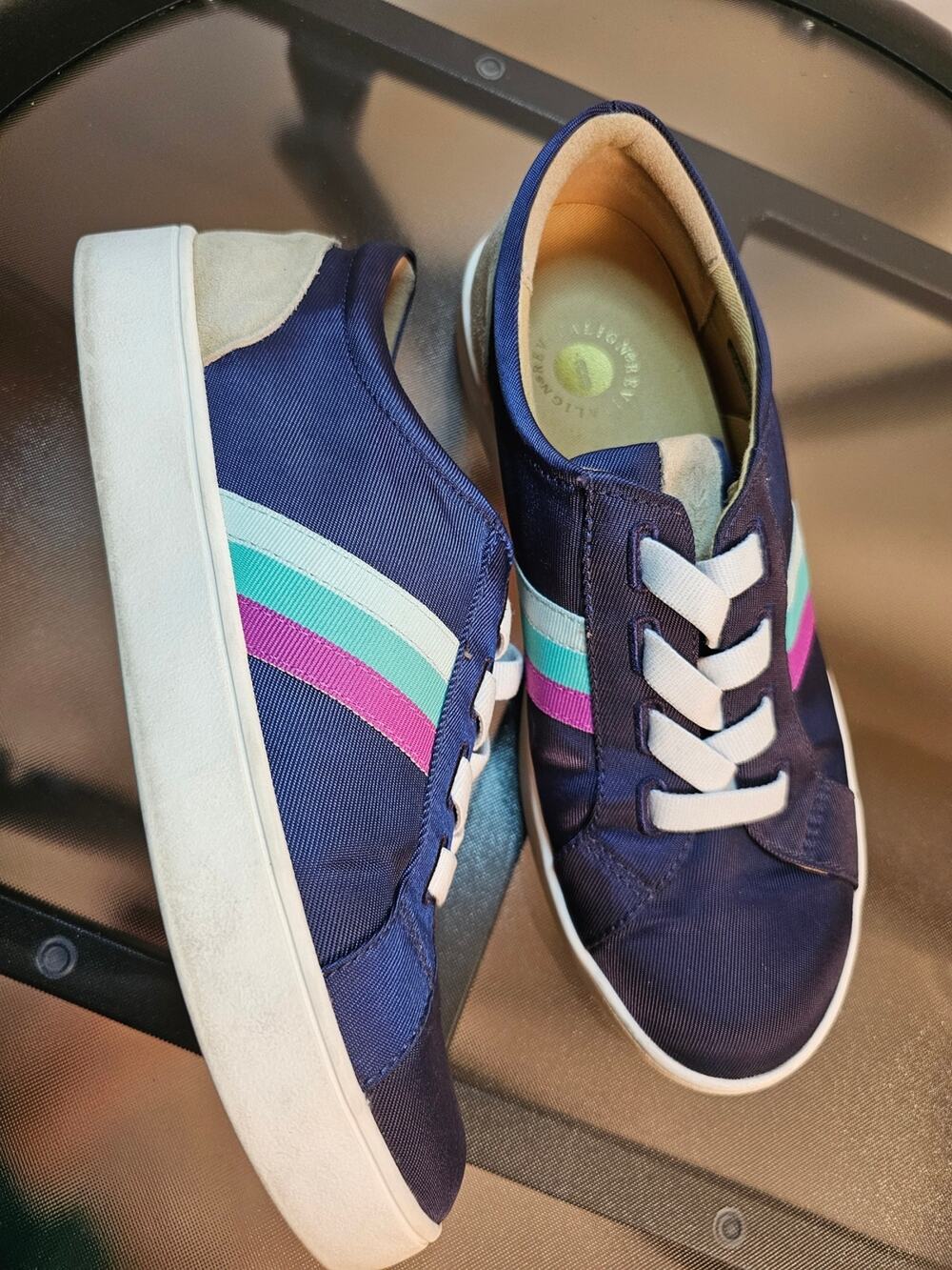 Size 7.5 Revitalign Navy Casual Sneakers with Mint & Pink Stripe